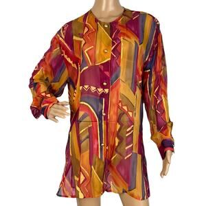 Vintage 80s Abstract Silk Tunic Gold Buttons Metallic Detail Size 10 Dopamine